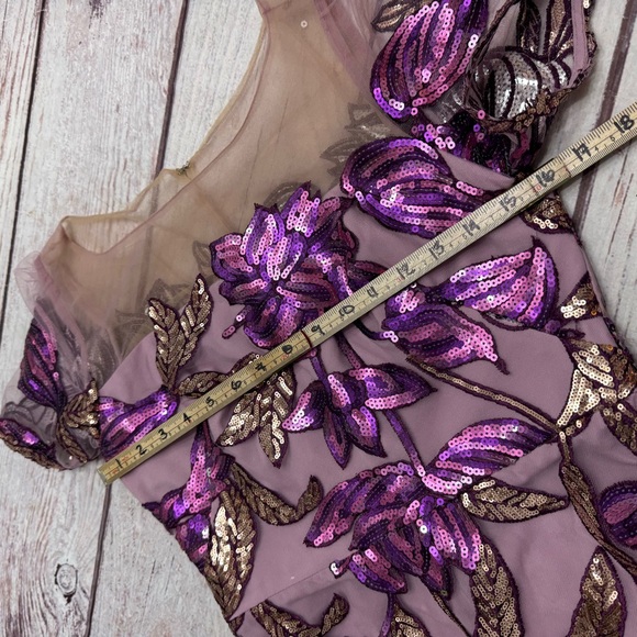 Marchesa Notte Lotus Sequin Tulle Sheath Dress In Purple Mauve Size 4 - Picture 6 of 9